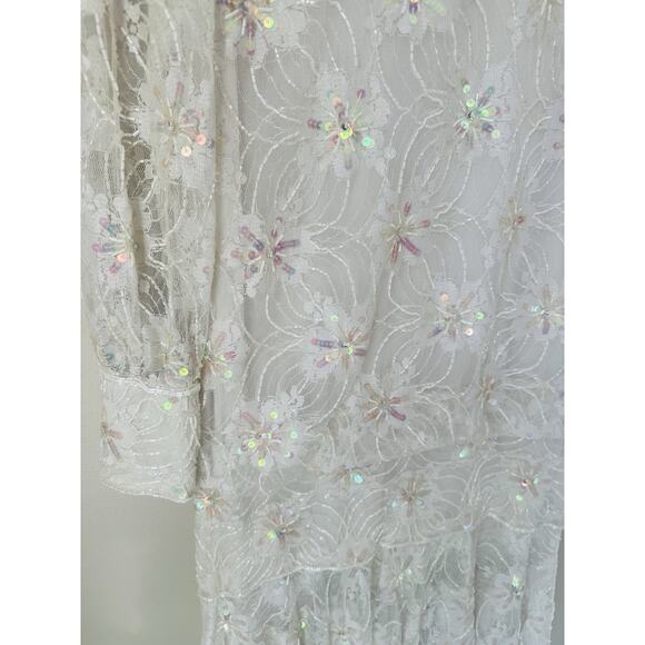VTG Megere White Sequin Beaded Dress M Long Sleeve Ruffle Hem Formal Wedding - Picture 5 of 10